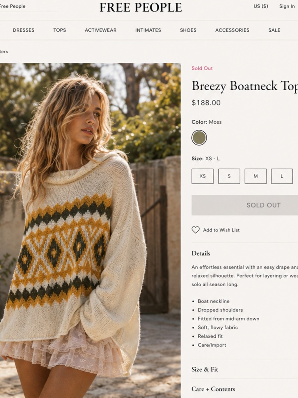 Free People Scoop Knit Sweater in Moss and Cream with Mustard Fair Isle